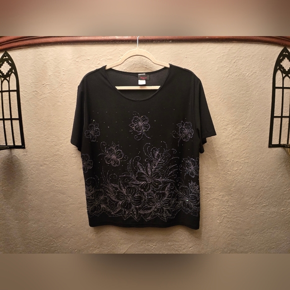 Vintage Y2K Michael K. Beaded Floral Top – Black Sparkle - Picture 4 of 8